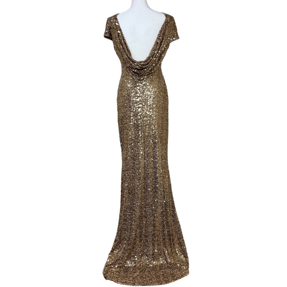 Badgley Mischka Cowl Back Stretch Fit Gold Sequin Evening Gown